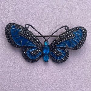 Sterling silver vintage Blue enamel and marcasite Butterfly Brooch